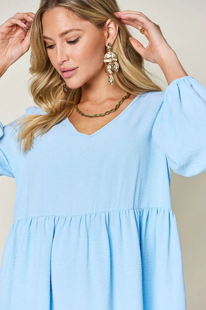 V-Neck Balloon Sleeve Tiered Dress Jewelry Bubble