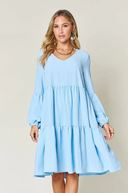 V-Neck Balloon Sleeve Tiered Dress Jewelry Bubble