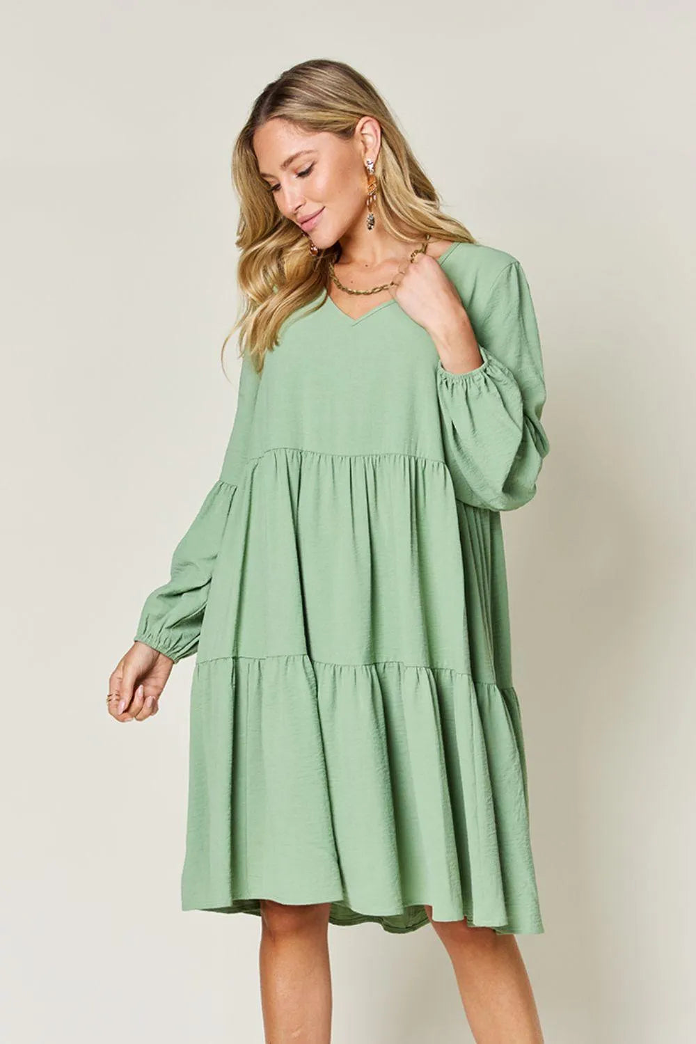 V-Neck Balloon Sleeve Tiered Dress Jewelry Bubble