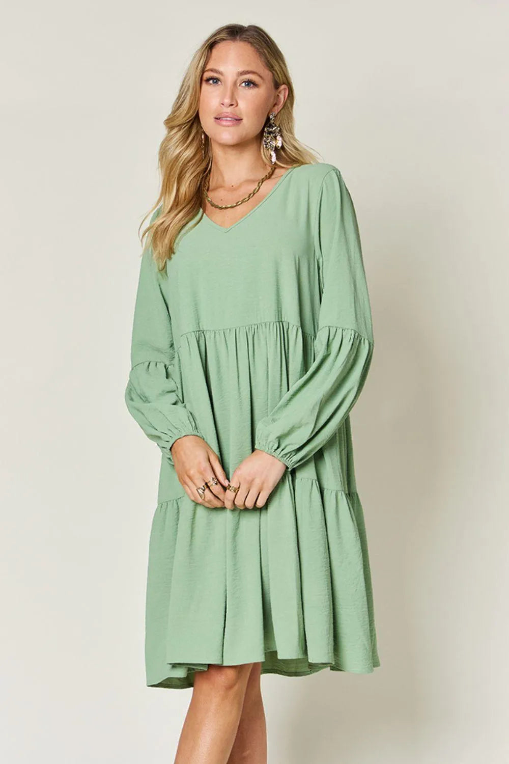 V-Neck Balloon Sleeve Tiered Dress Jewelry Bubble