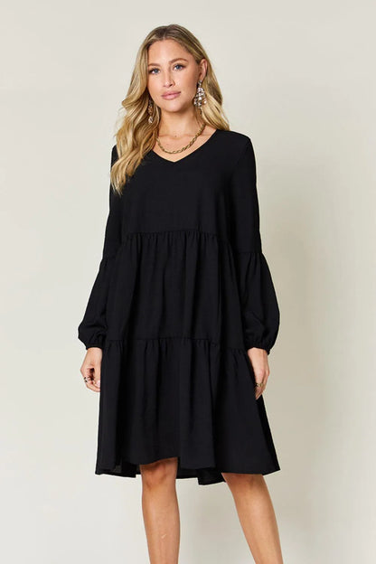 V-Neck Balloon Sleeve Tiered Dress Jewelry Bubble