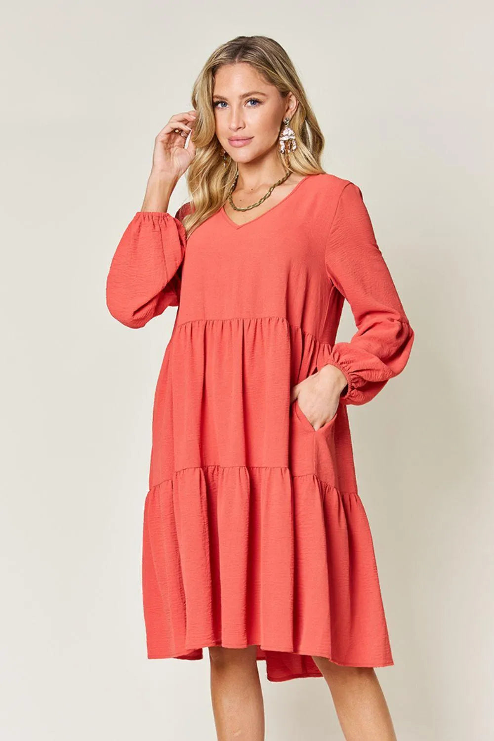 V-Neck Balloon Sleeve Tiered Dress Jewelry Bubble