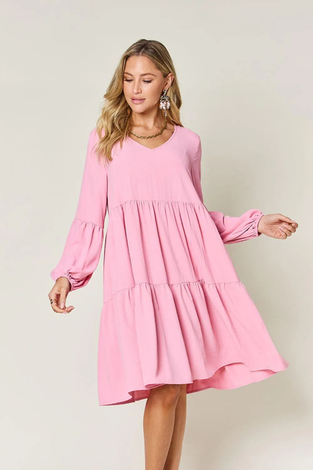 V-Neck Balloon Sleeve Tiered Dress Jewelry Bubble