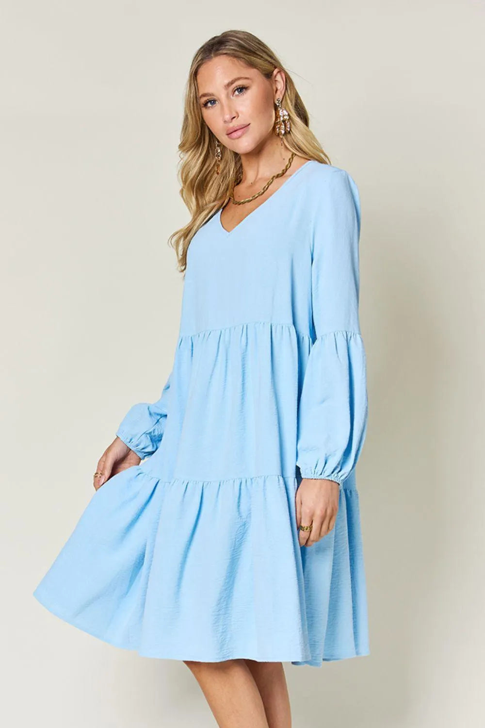 V-Neck Balloon Sleeve Tiered Dress Jewelry Bubble