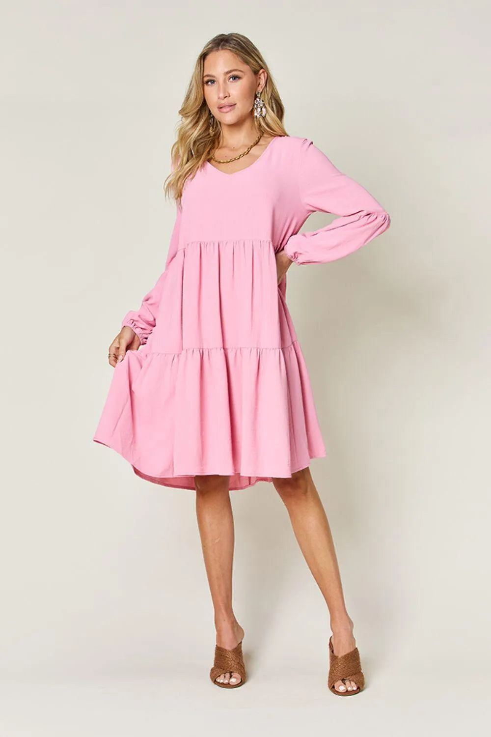 V-Neck Balloon Sleeve Tiered Dress Jewelry Bubble