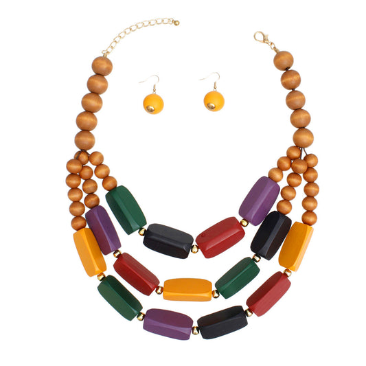 Vibrant Bohemian Wooden Beaded Necklace Set with Matching Earrings Pinktown