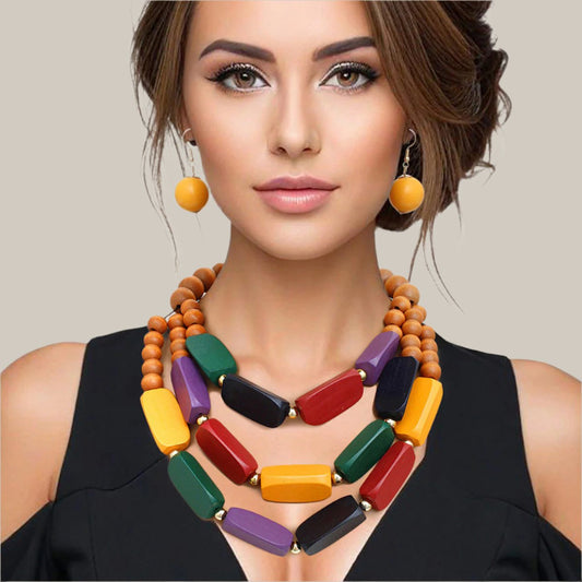 Vibrant Bohemian Wooden Beaded Necklace Set with Matching Earrings Jewelry Bubble