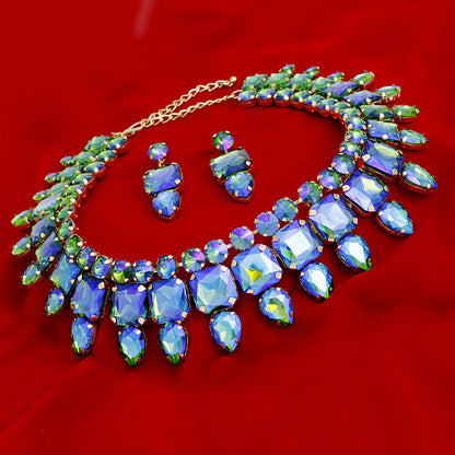 Vibrant Gold-Tone Blue Green Crystal Bib Necklace and Earrings Set Jewelry Bubble