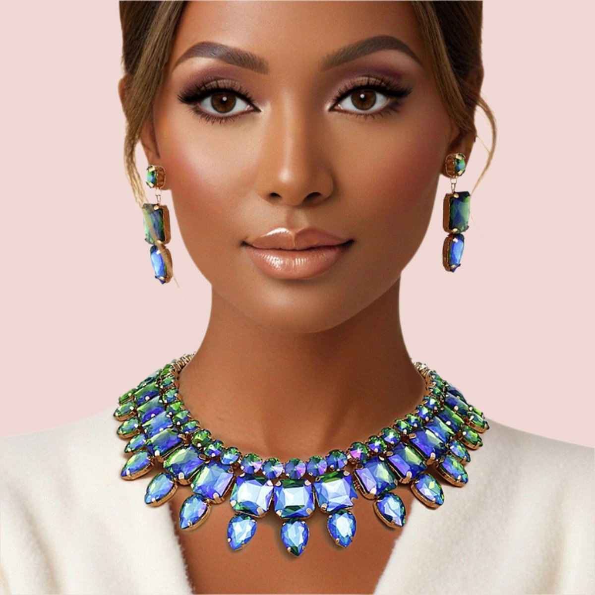 Vibrant Gold-Tone Blue Green Crystal Bib Necklace and Earrings Set Jewelry Bubble