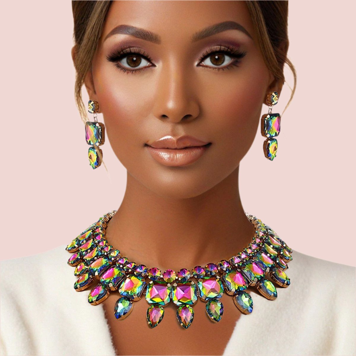 Vibrant Gold-Tone Pink Green Crystal Bib Necklace and Earrings Set Jewelry Bubble