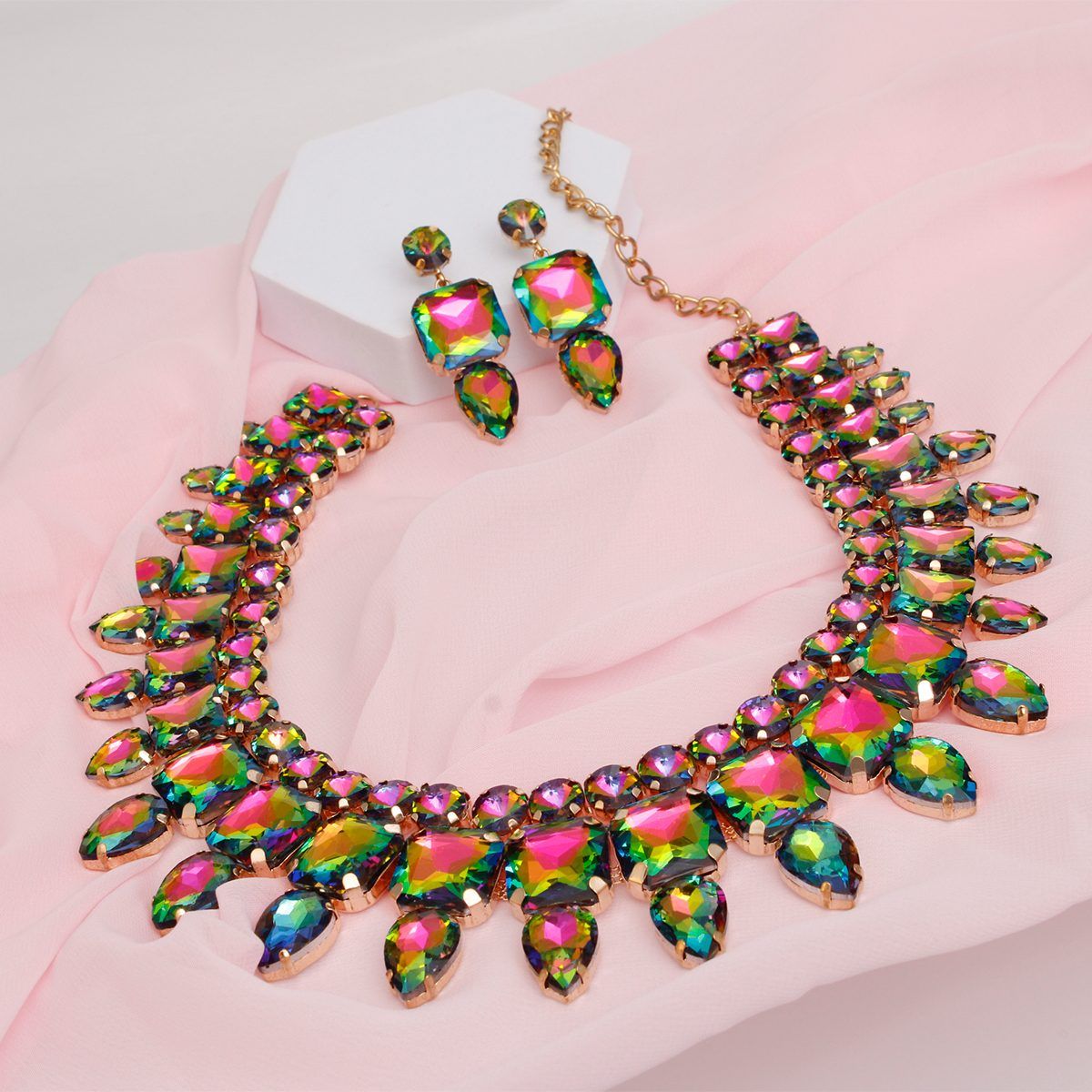 Vibrant Gold-Tone Pink Green Crystal Bib Necklace and Earrings Set Jewelry Bubble