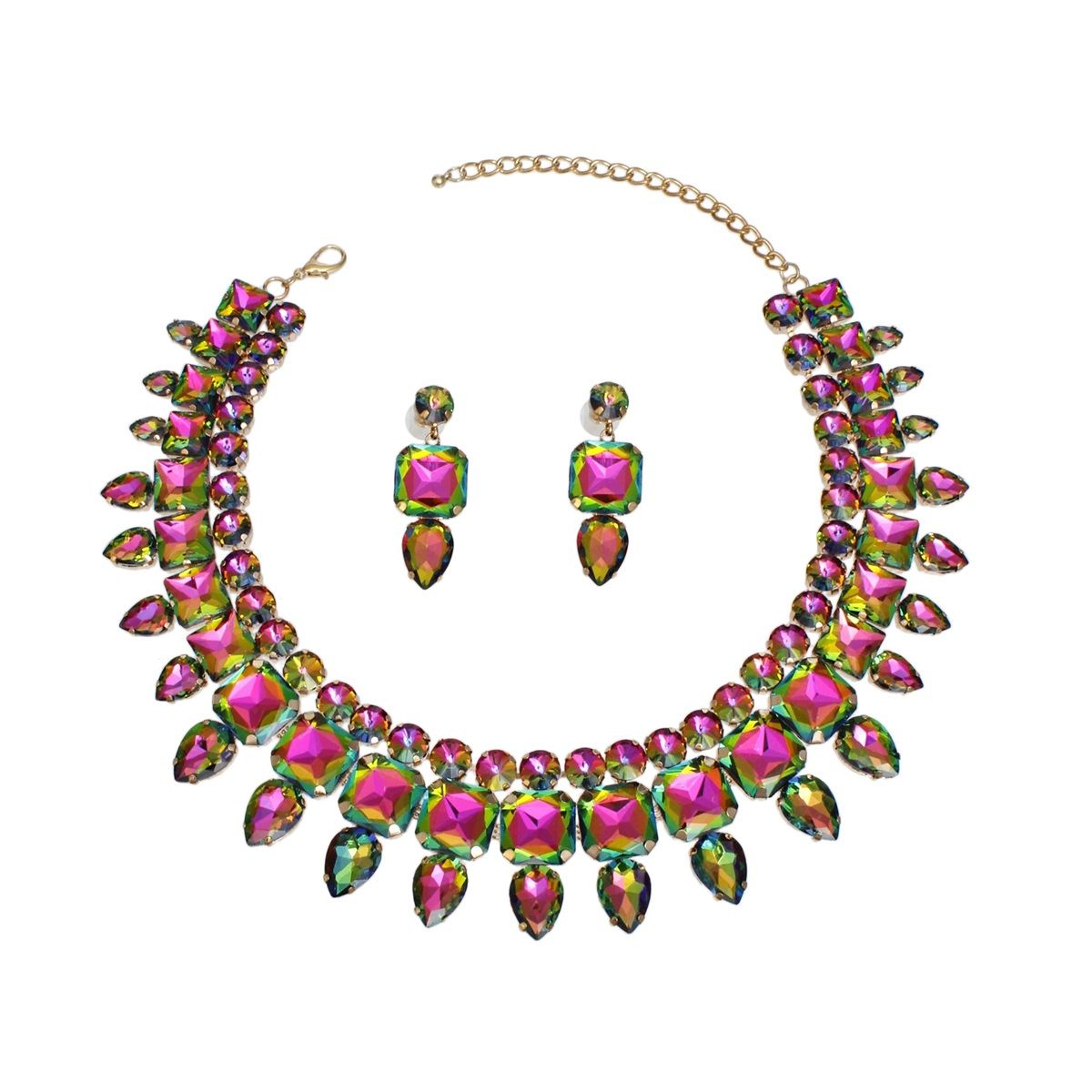 Vibrant Gold-Tone Pink Green Crystal Bib Necklace and Earrings Set Jewelry Bubble