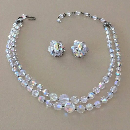 Vintage Aurora Borealis cluster earrings bead necklace set Jewelry Bubble