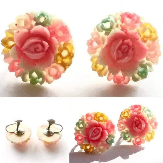 Vintage Celluloid Carved Rose Multicolor Flower Earrings Jewelry Bubble
