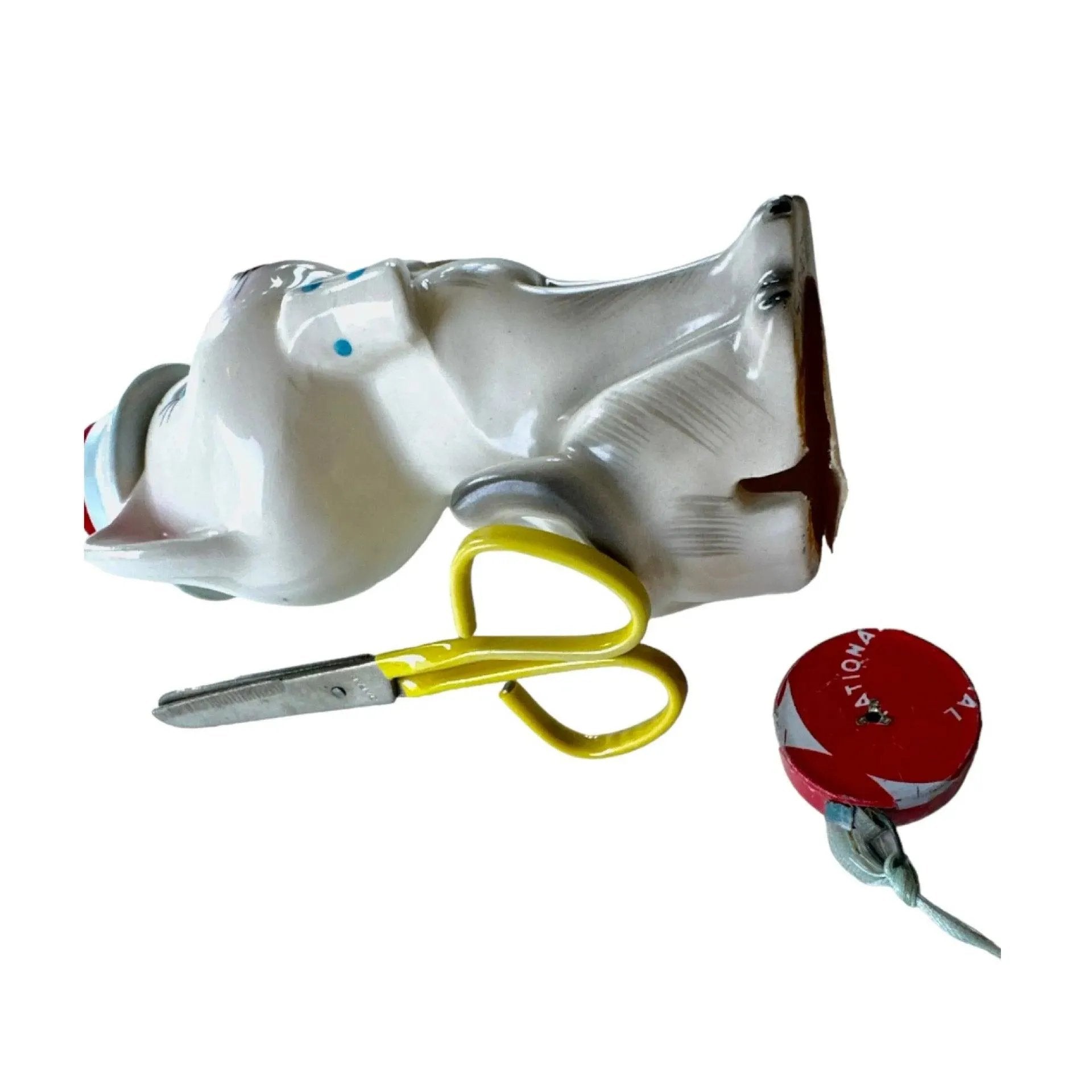 Vintage Ceramic Cat Pin Cushion with Scissors and Tape Measure - A Unique Sewing Collectible
