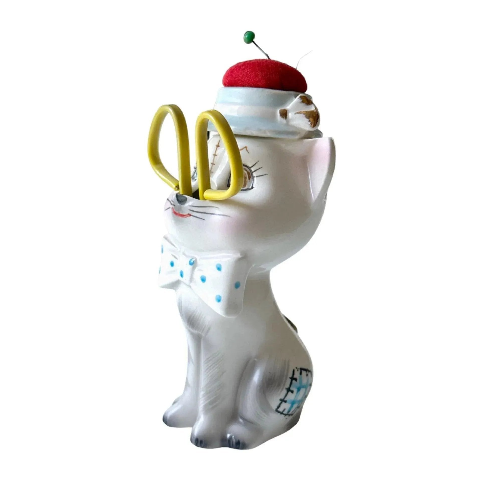 Vintage Ceramic Cat Pin Cushion with Scissors and Tape Measure - A Unique Sewing Collectible