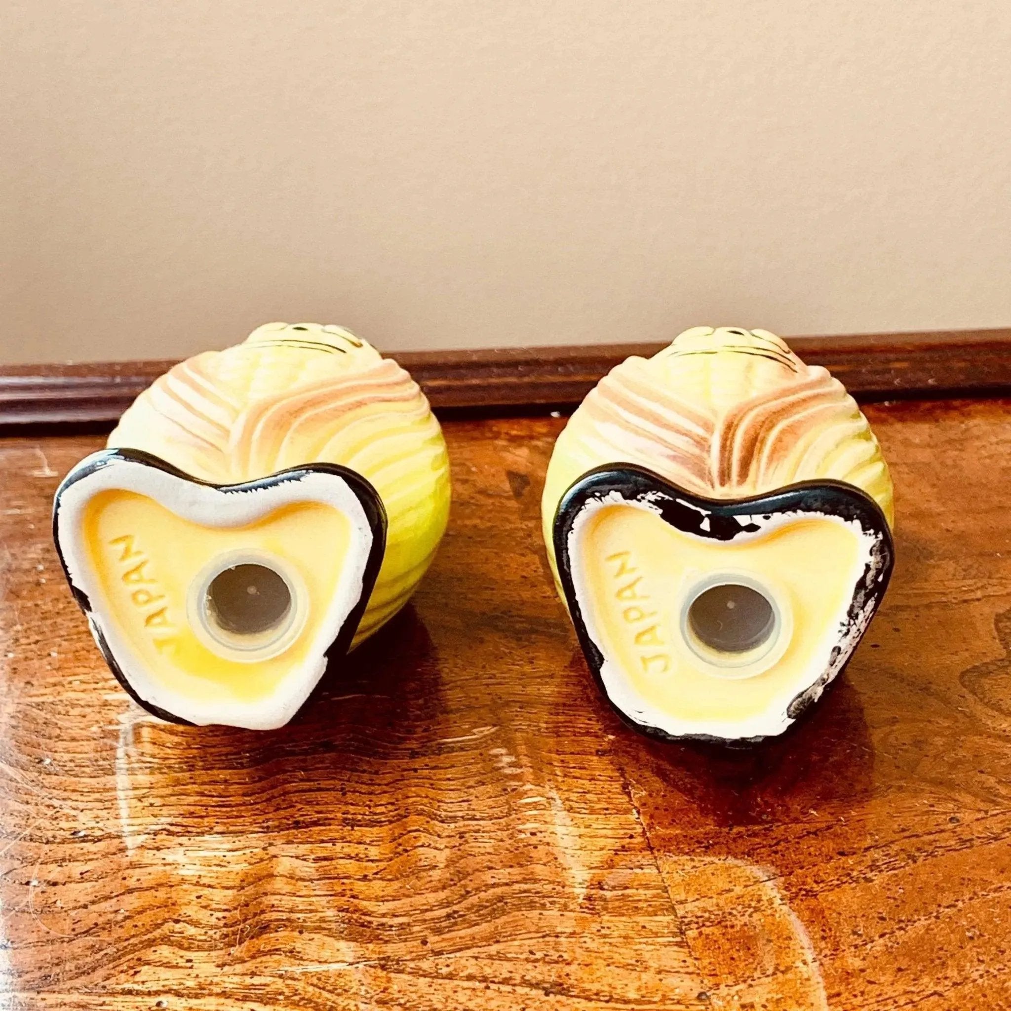 Vintage Ceramic Shakers Corn Cobs with Faces and Black Shoes