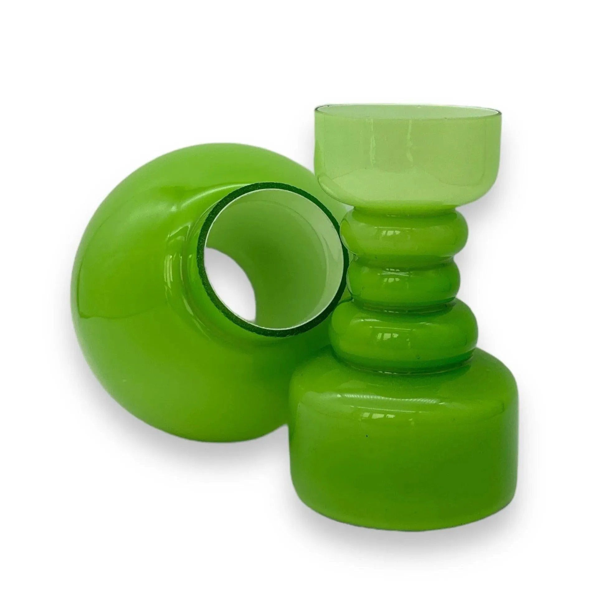 Vintage Empoli Glass Green Cased Hooped Votive Candle Holder Lamp