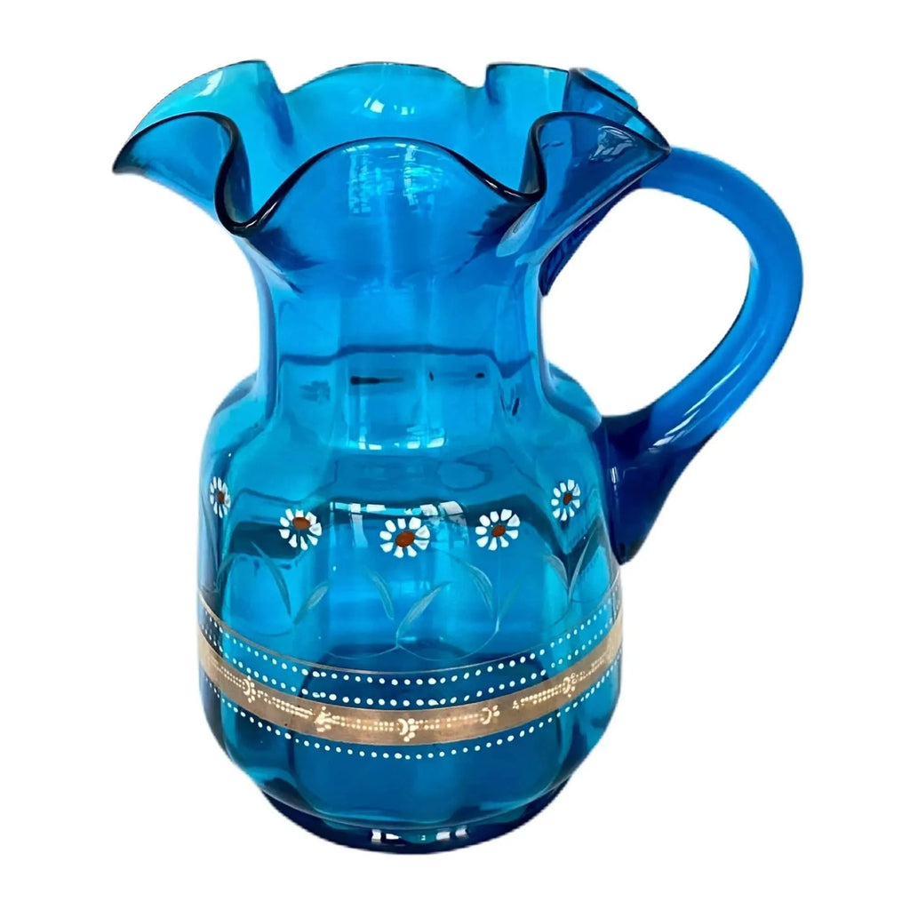 Vintage Glass Pitcher Vase Peacock Blue Decorative Enamel