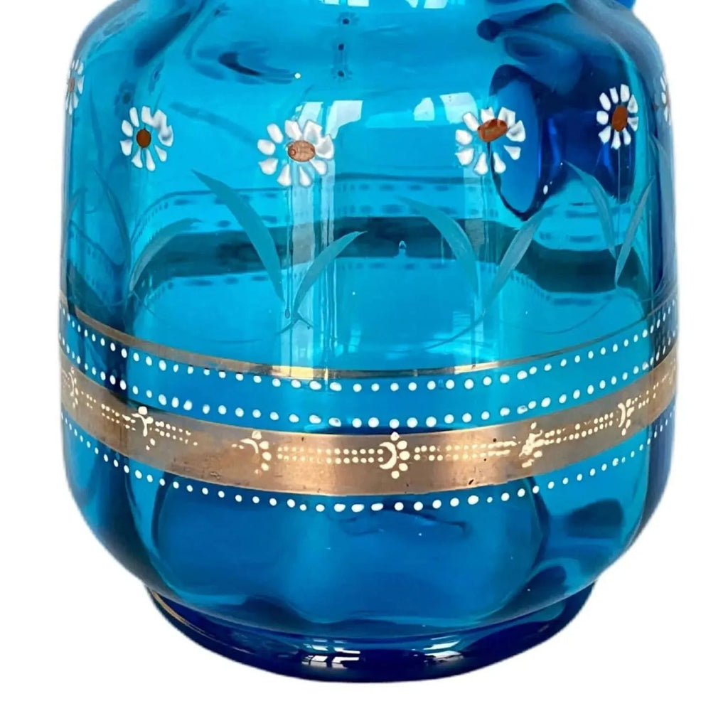 Vintage Glass Pitcher Vase Peacock Blue Decorative Enamel