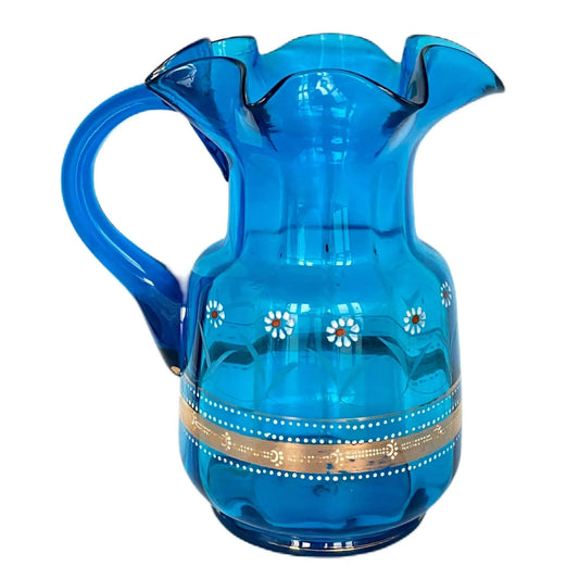 Vintage Glass Pitcher Vase Peacock Blue Beautifully Embellished Jewelry Bubble