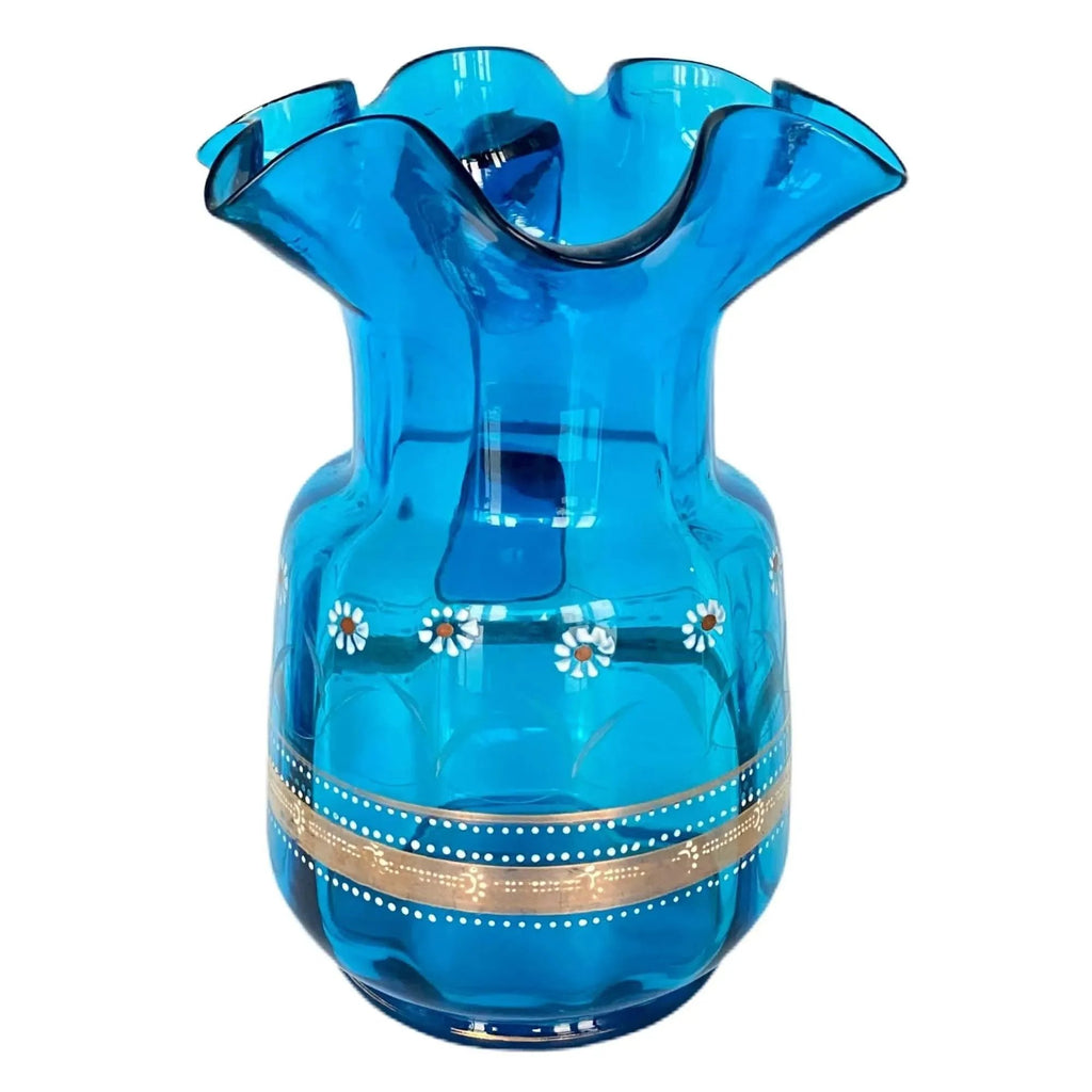 Vintage Glass Pitcher Vase Peacock Blue Decorative Enamel