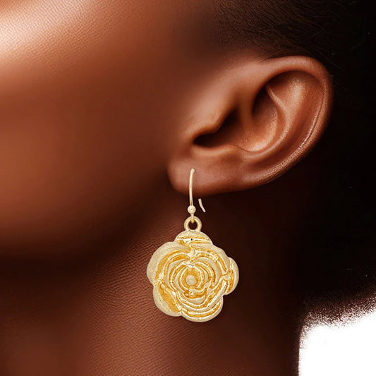 Vintage-Inspired Rose Earrings in Burnished Gold Finish Pinktown