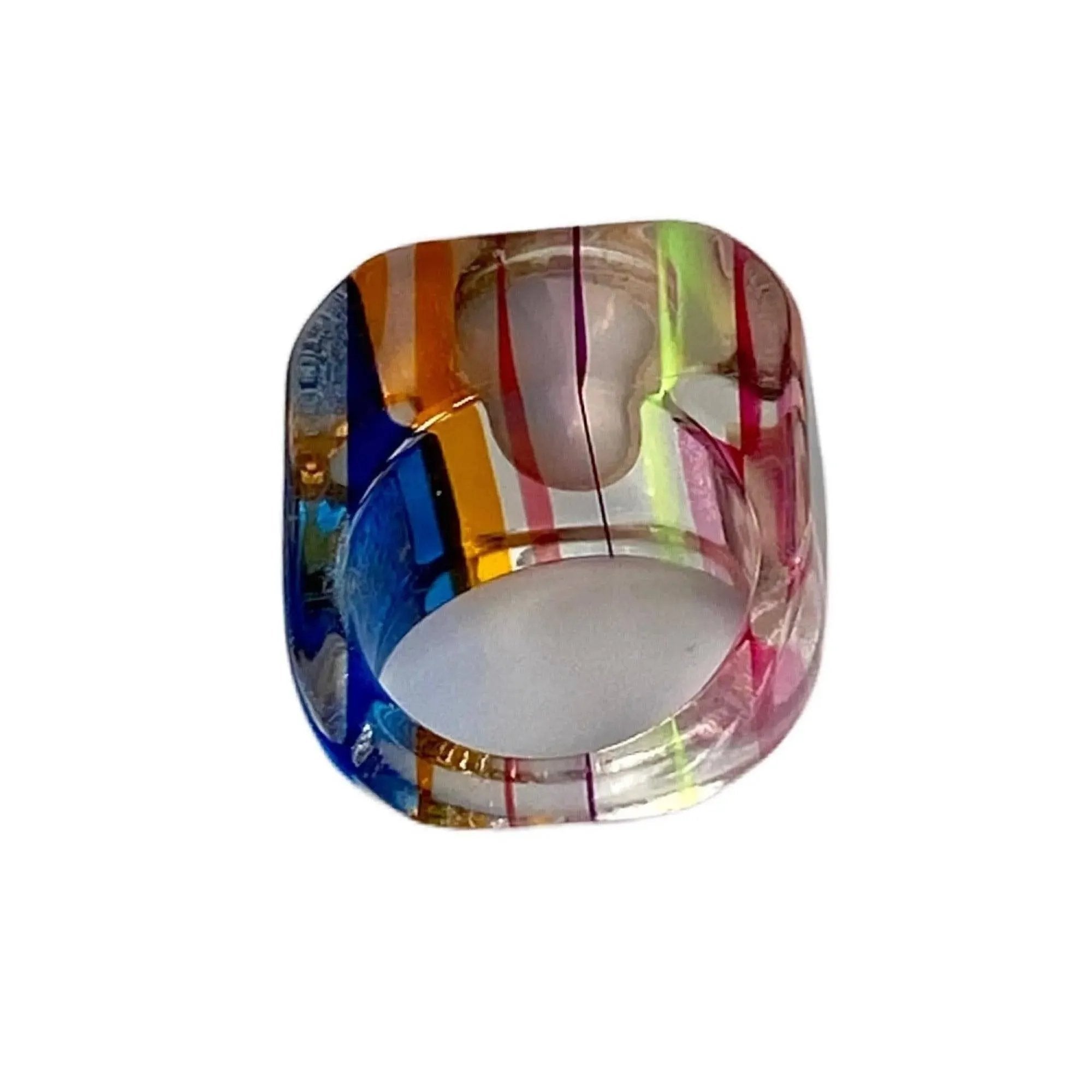 Vintage Lucite Color Stripes Ring Rhinestone Center