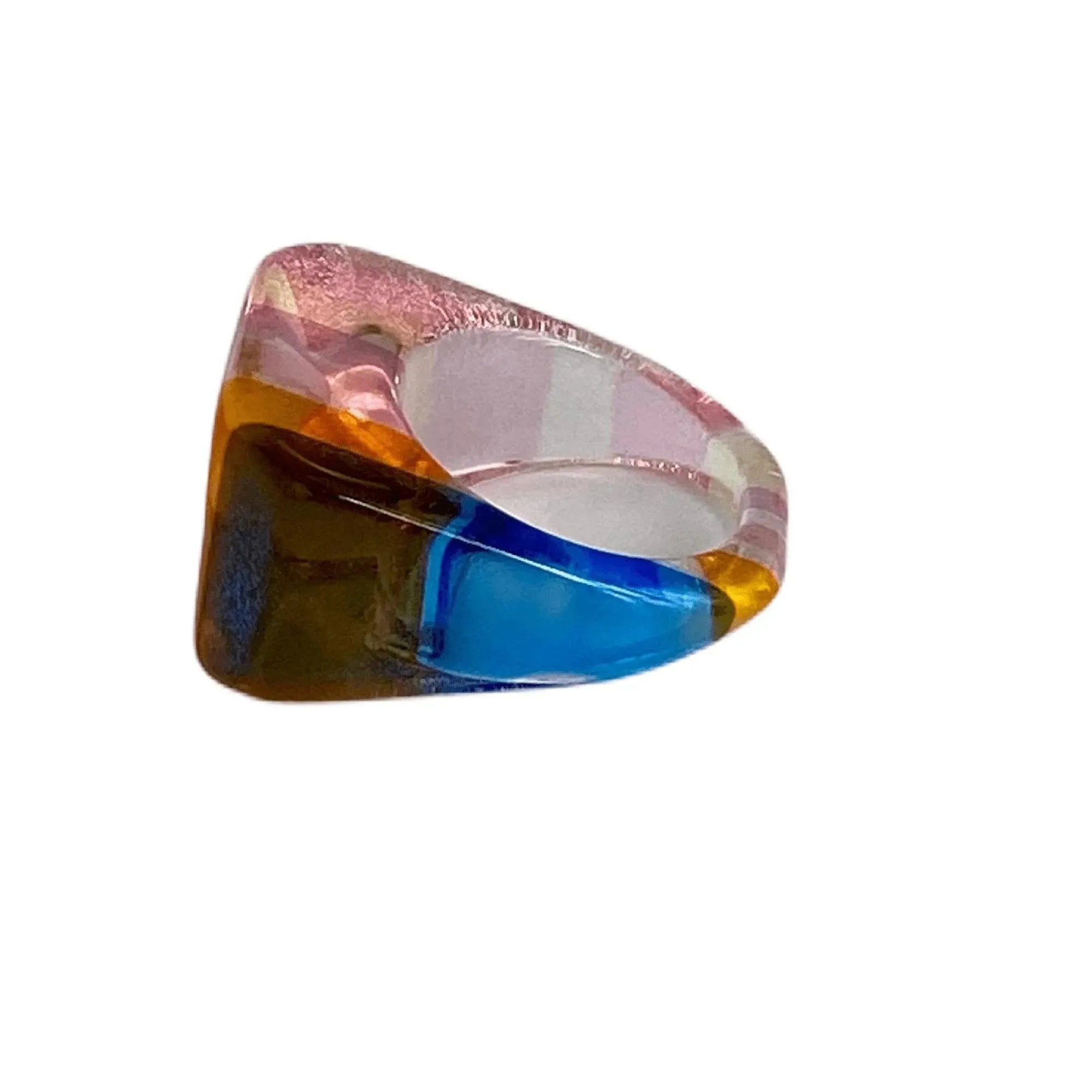 Vintage Lucite Color Stripes Ring Rhinestone Center