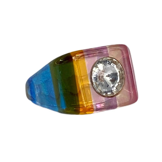 Vintage Lucite Color Stripes Ring Rhinestone Center Jewelry Bubble