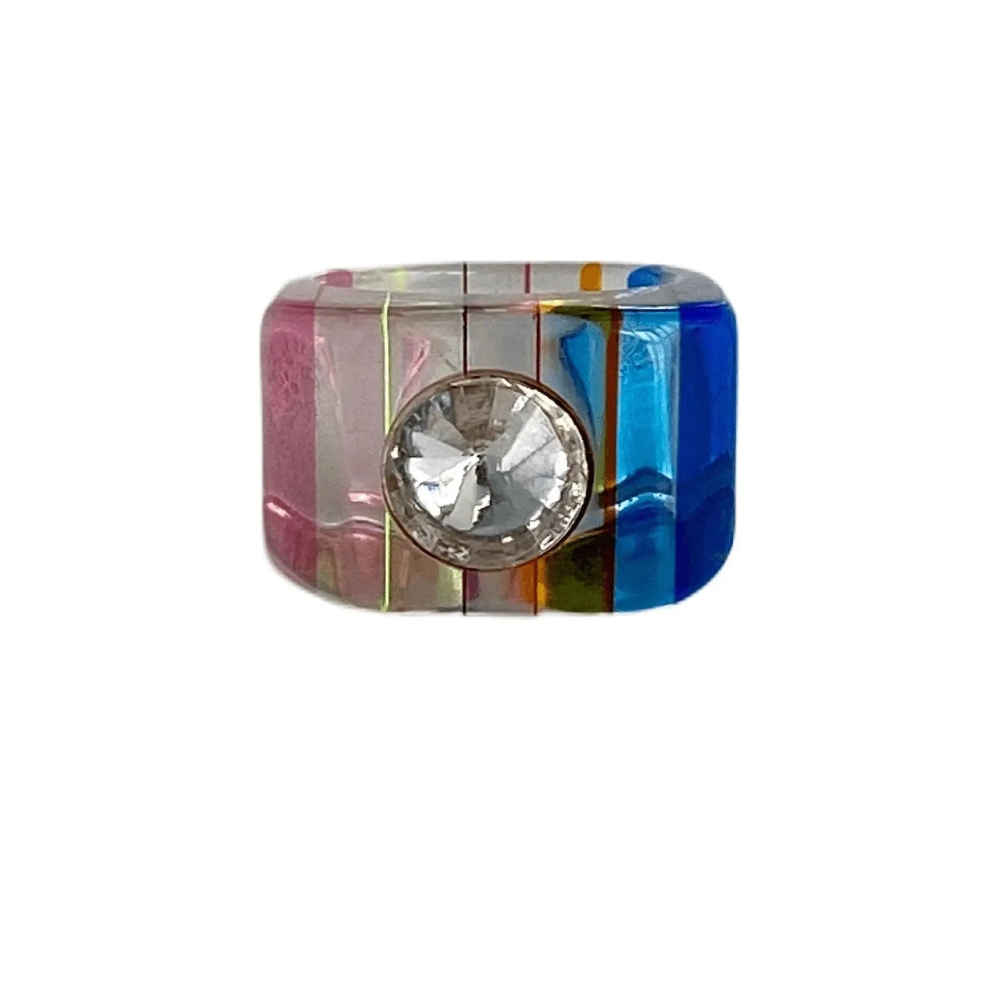 Vintage Lucite Color Stripes Ring Rhinestone Center