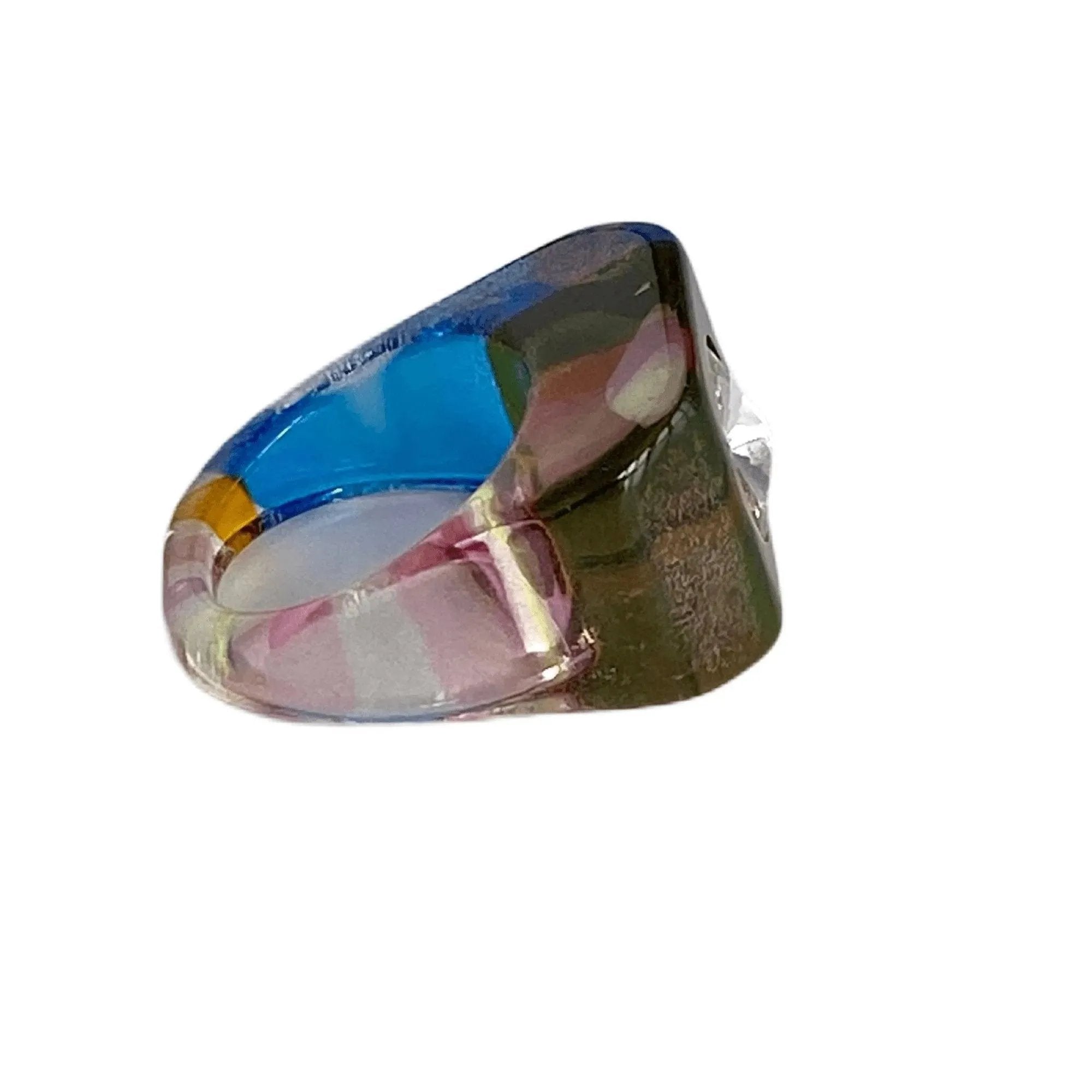 Vintage Lucite Color Stripes Ring Rhinestone Center