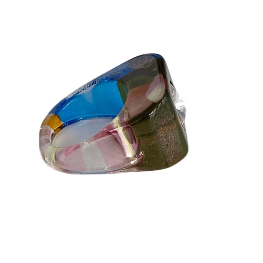 Vintage Lucite Color Stripes Ring Rhinestone Center Jewelry Bubble