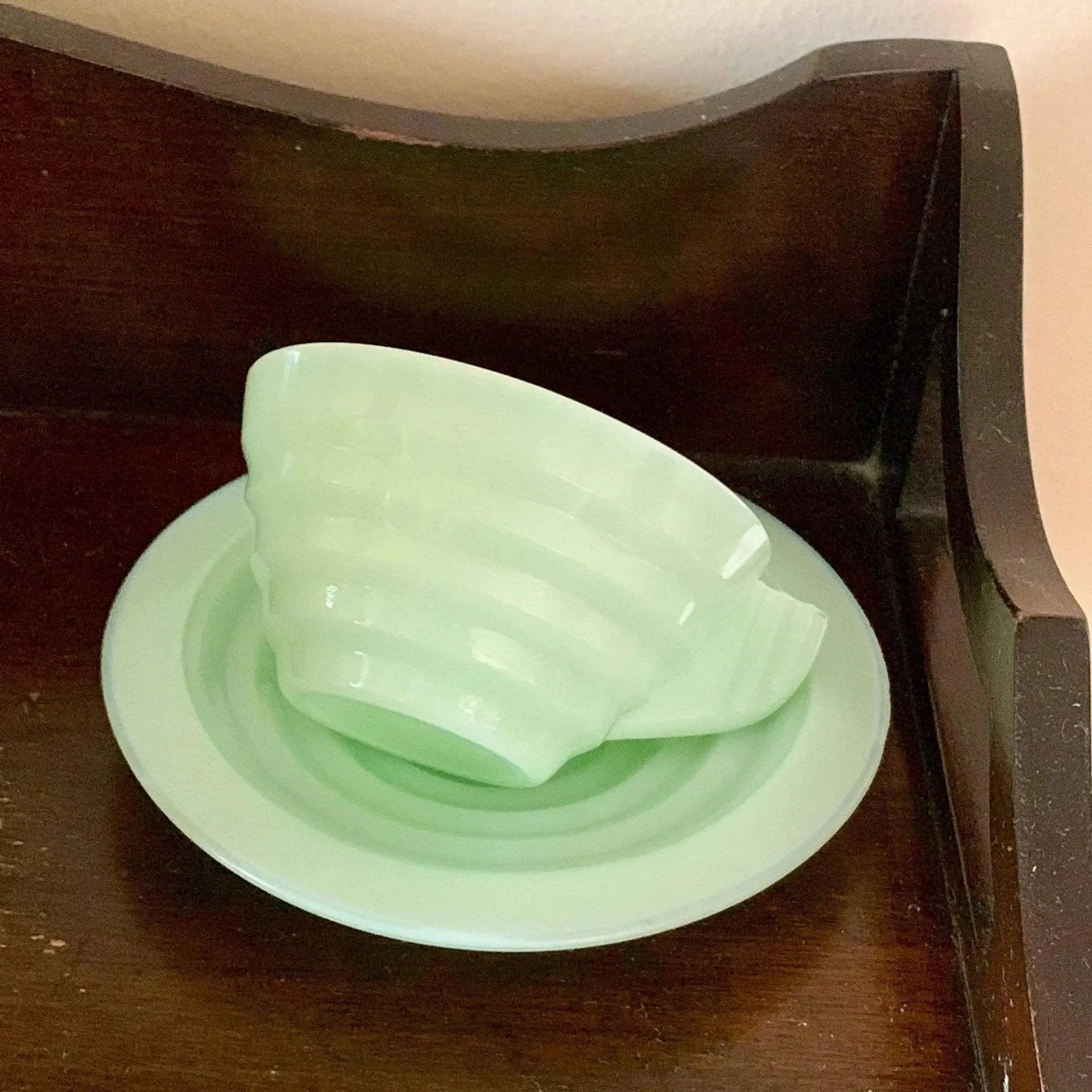 Vintage Milk Jadeite Glass Demitasse Teacup Saucer Set Art Deco Design