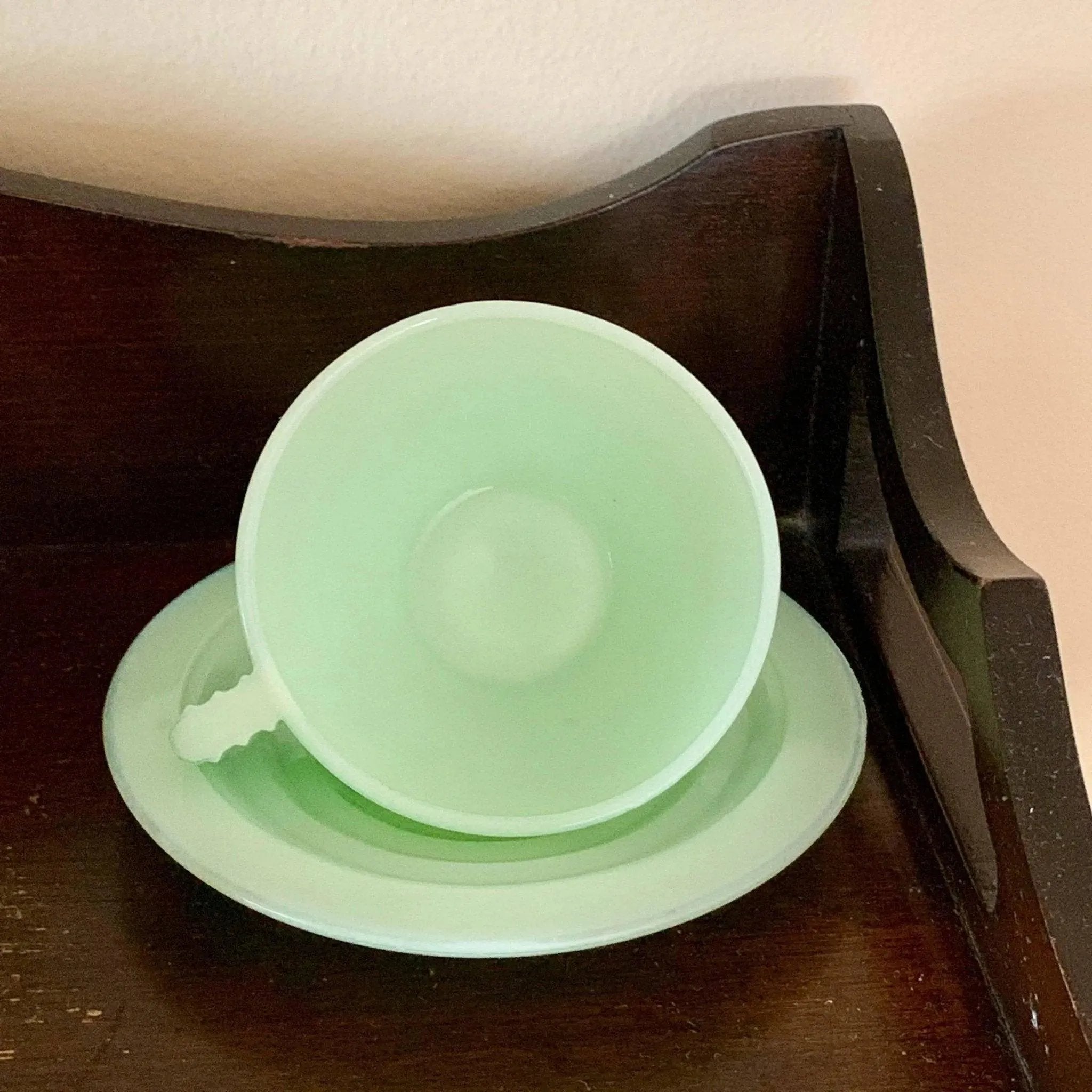 Vintage Milk Jadeite Glass Demitasse Teacup Saucer Set Art Deco Design