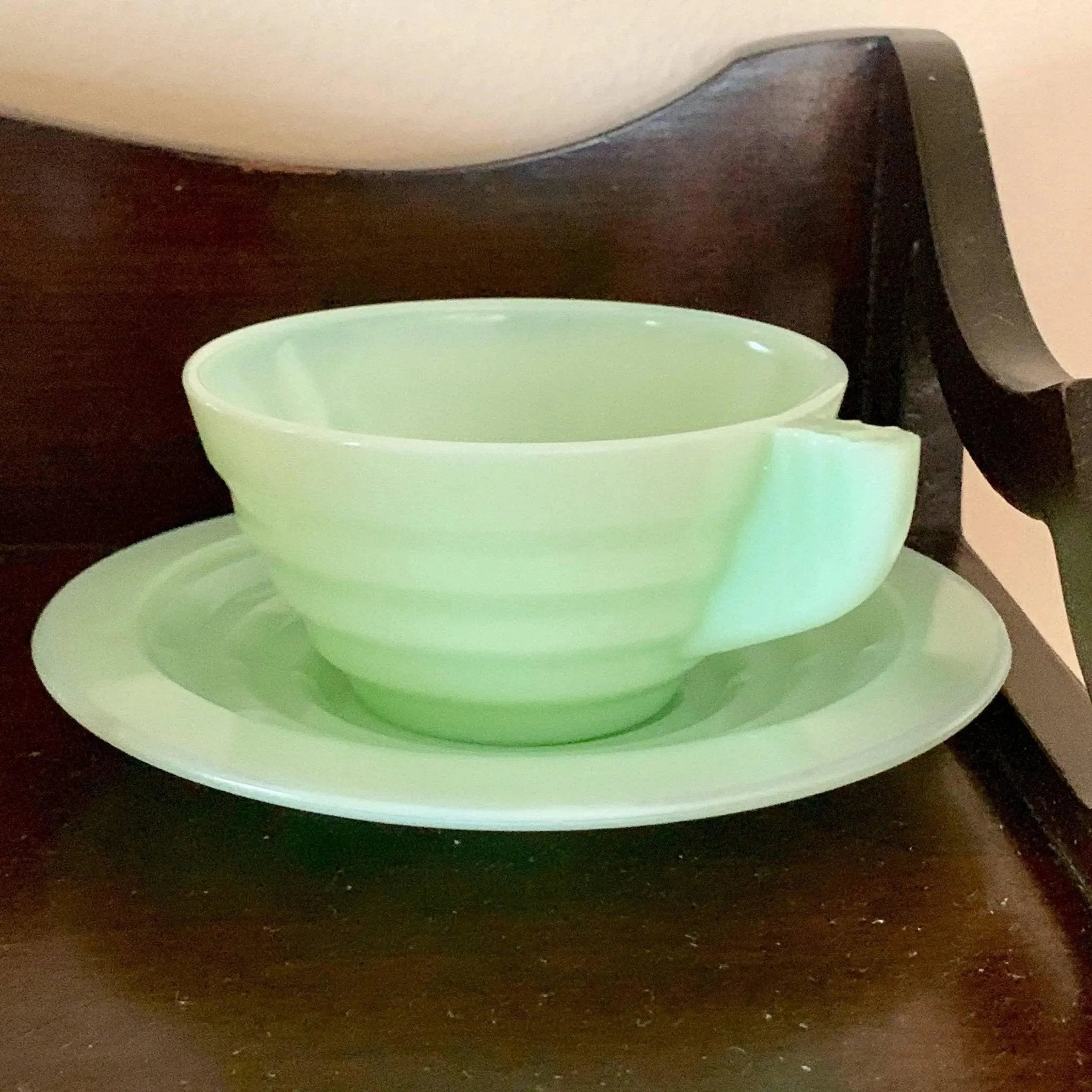 Vintage Milk Jadeite Glass Demitasse Teacup Saucer Set Art Deco Design