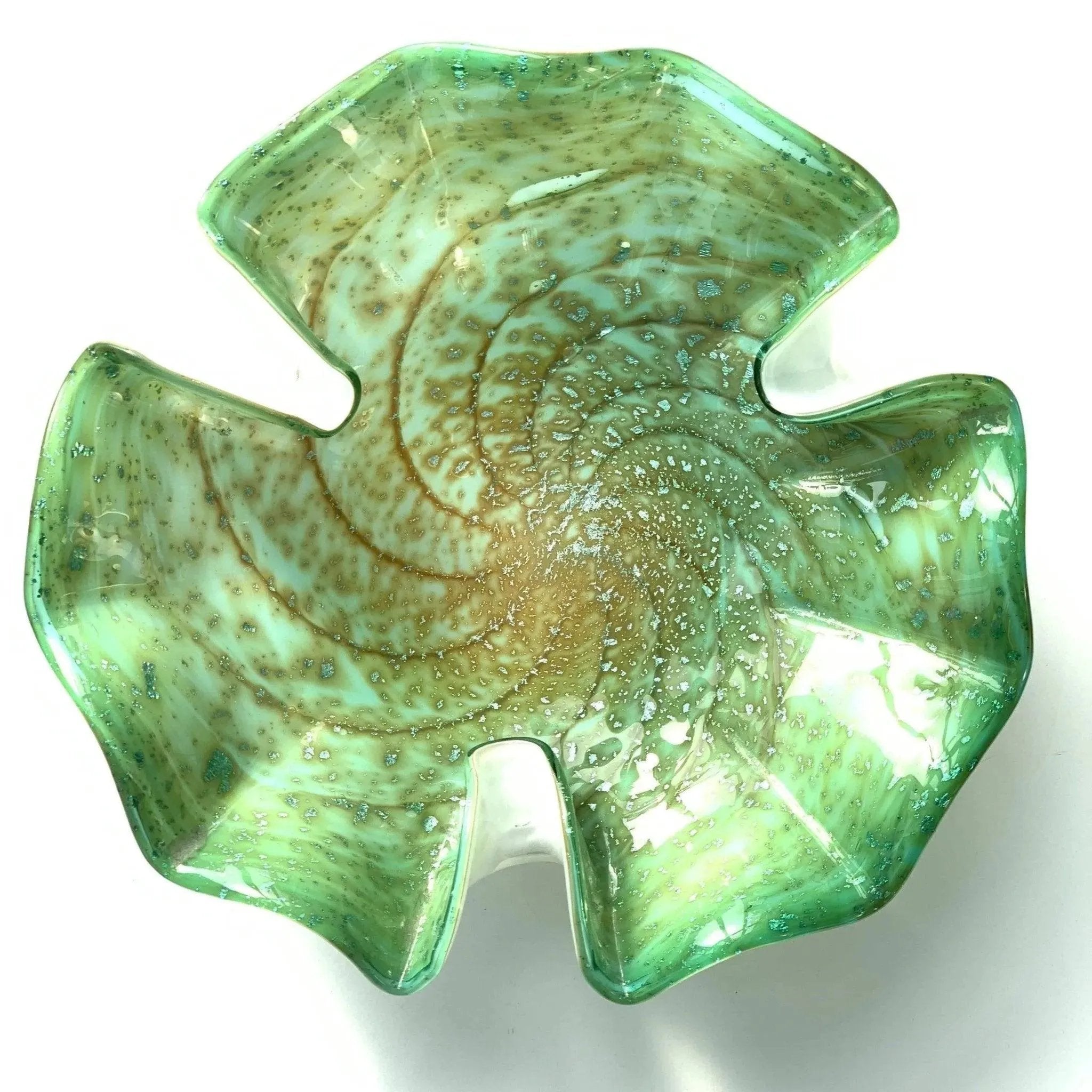 Vintage Murano Glass Bowl Green with Amber Swirl & White Cased