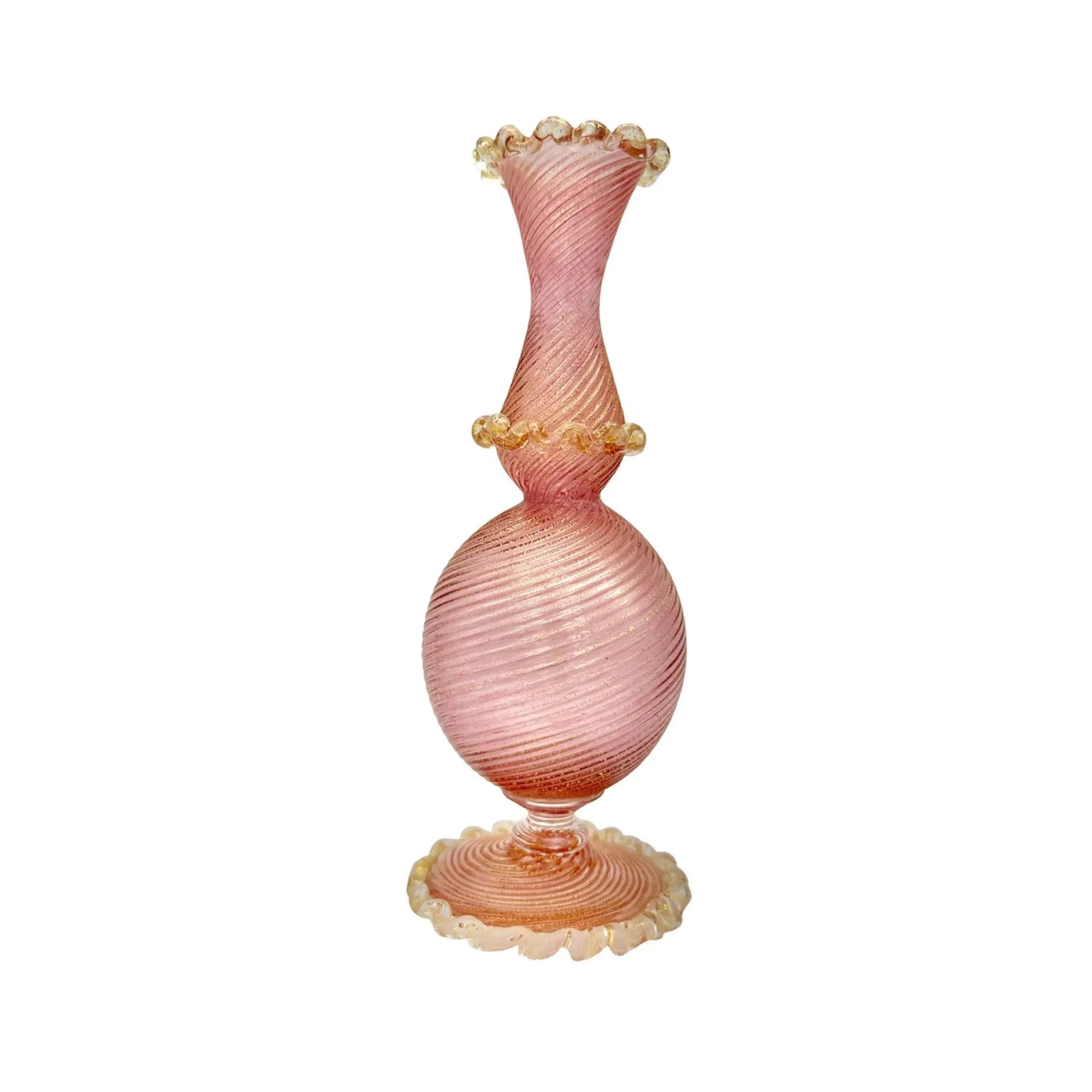 Vintage Murano Glass Pink Gold Flex Ribbed Bud Vase