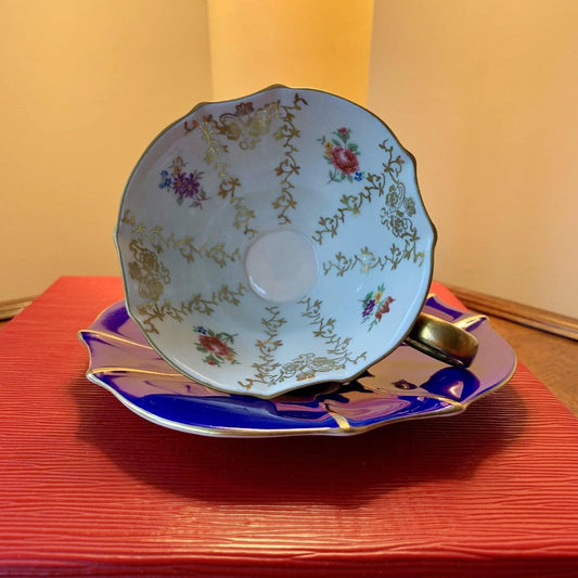 Vintage Porcelain Cobalt Teacup and Matching Saucer Set Jewelry Bubble