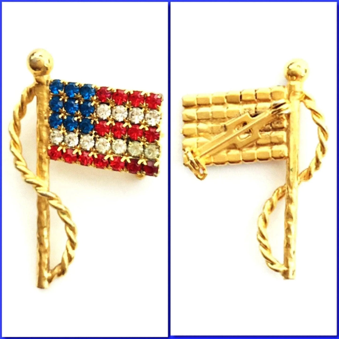 Vintage Rhinestone Studded 4th of July American Flag Lapel Brooch Jewelry Bubble