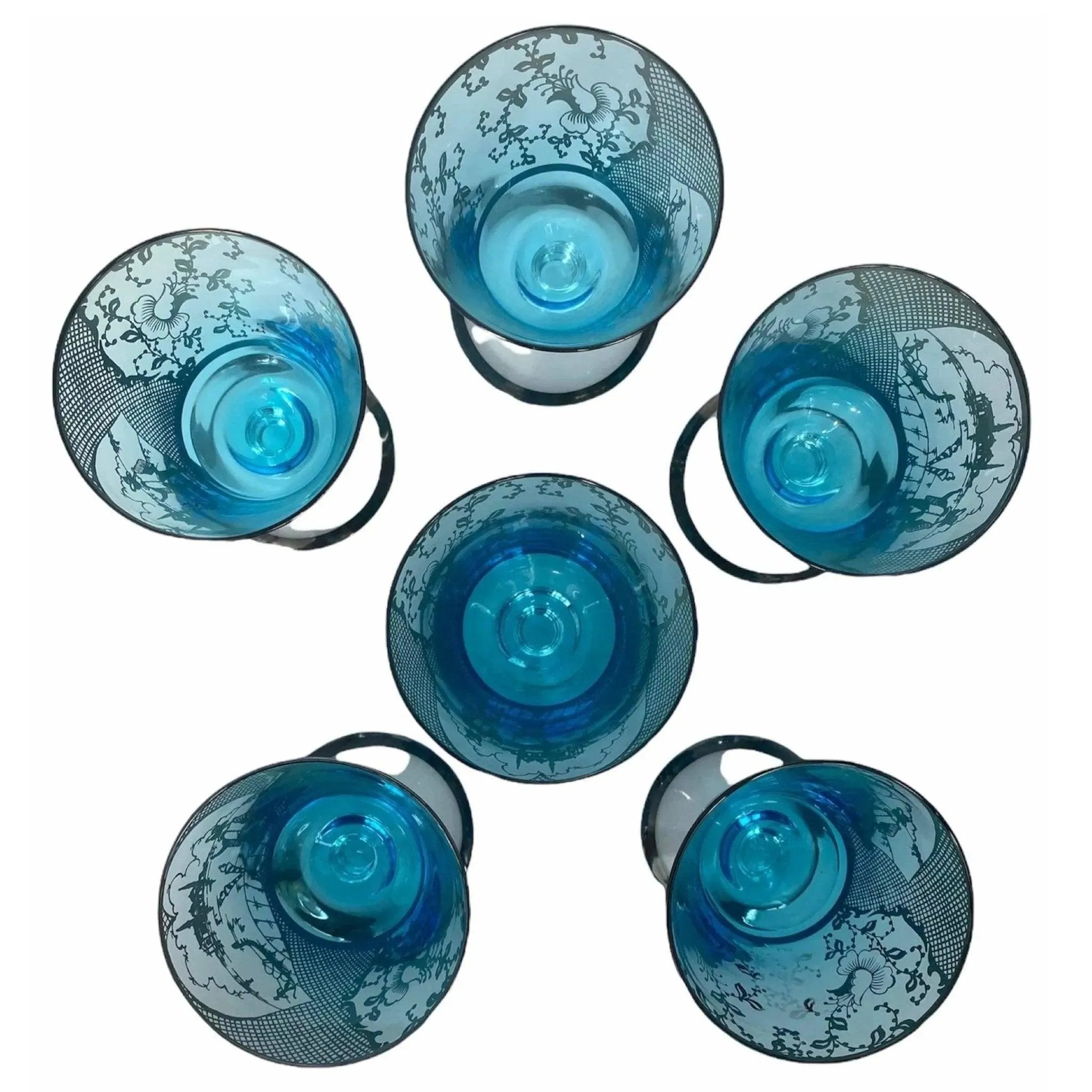 Vintage Venetian Glass Cocktail Set, Mid-Century Aqua Blue with Silver Overlay