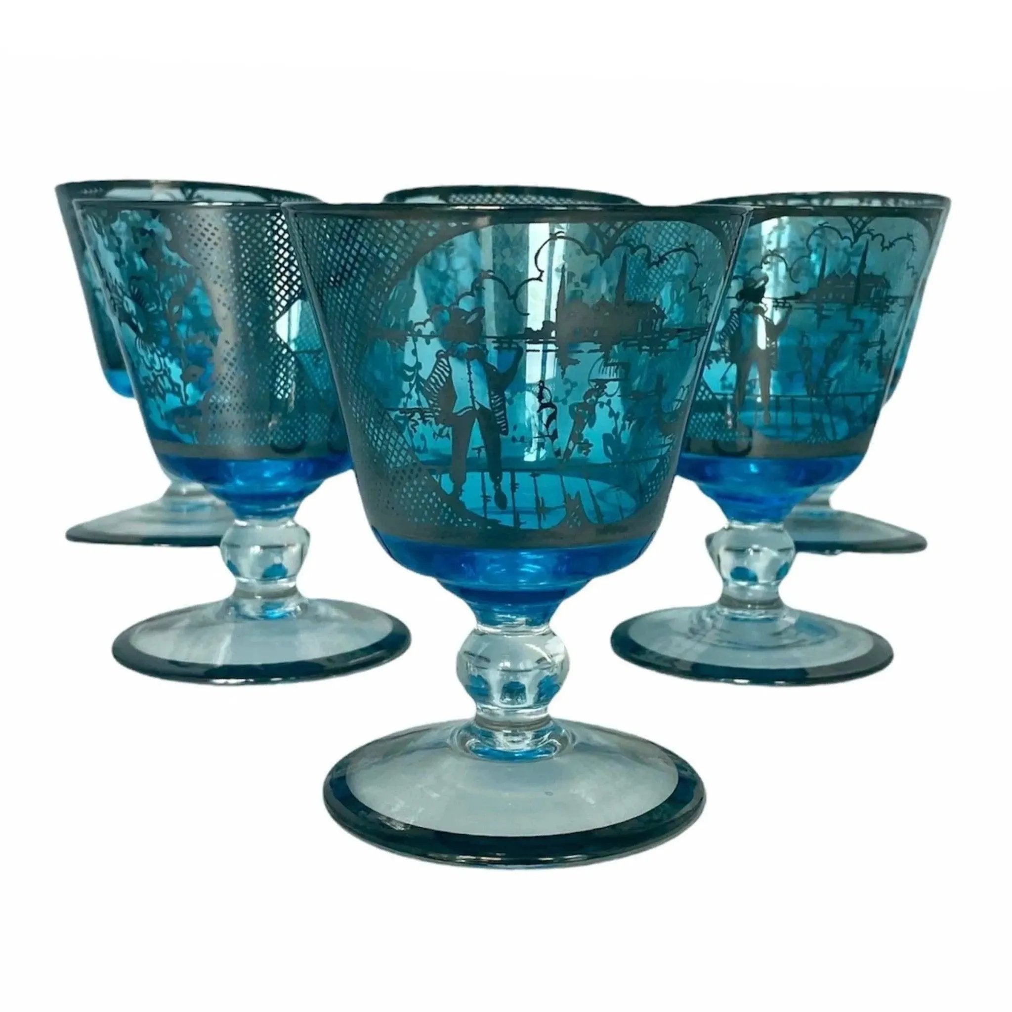 Vintage Venetian Glass Cocktail Set, Mid-Century Aqua Blue with Silver Overlay