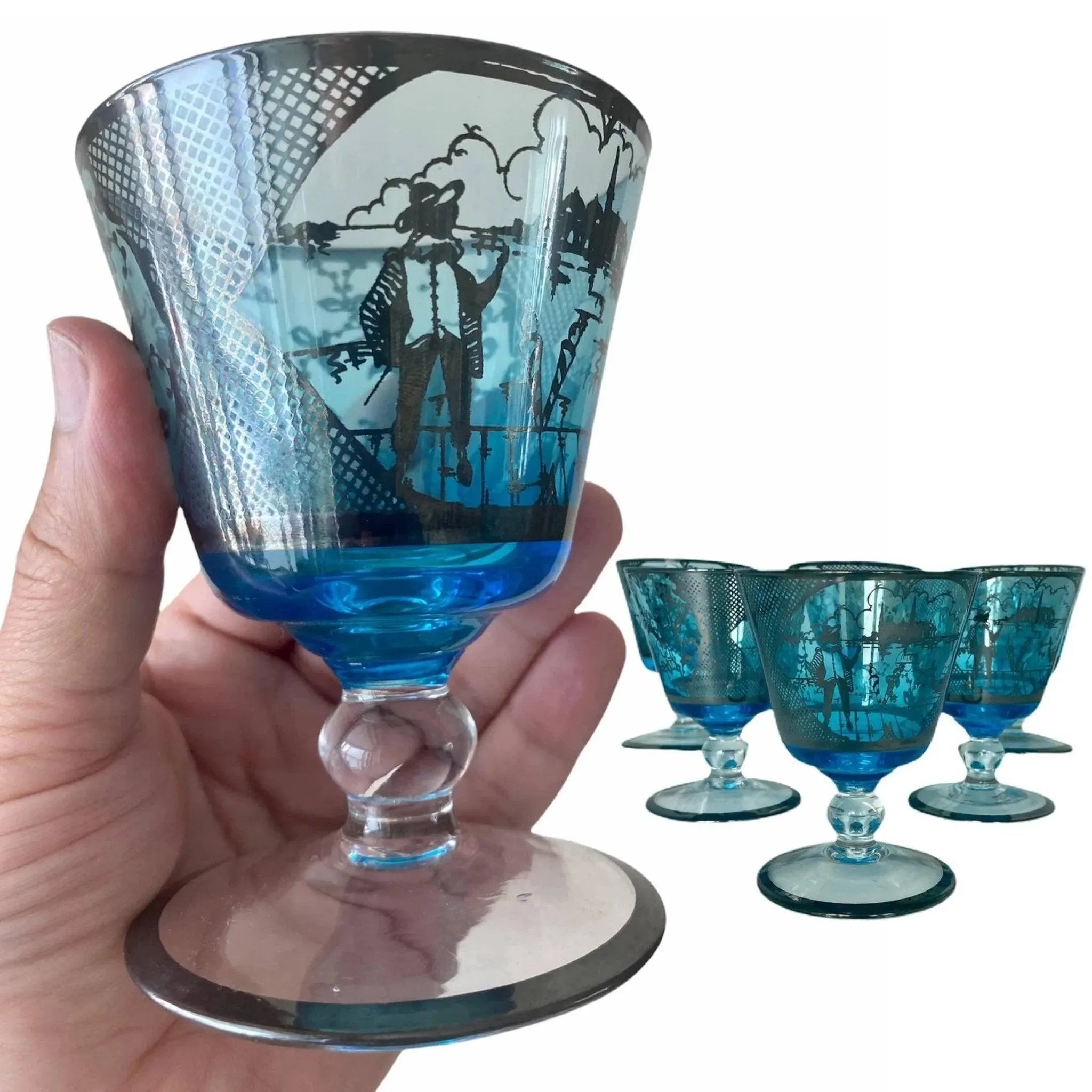 Vintage Venetian Glass Cocktail Set, Mid-Century Aqua Blue with Silver Overlay