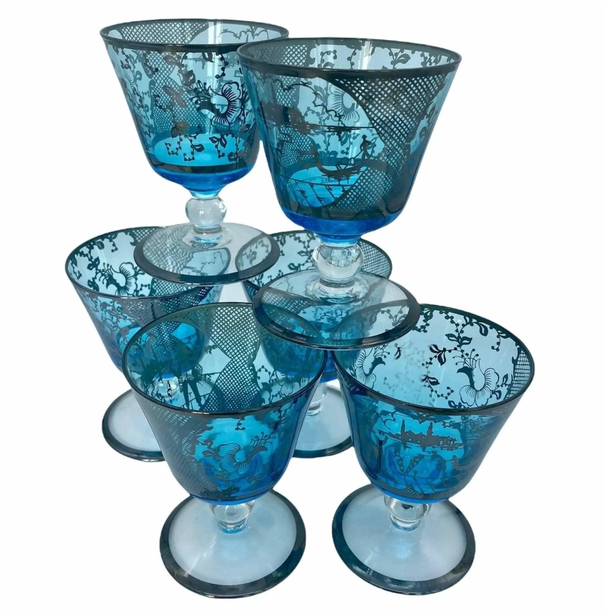 Vintage Venetian Glass Cocktail Set, Mid-Century Aqua Blue with Silver Overlay
