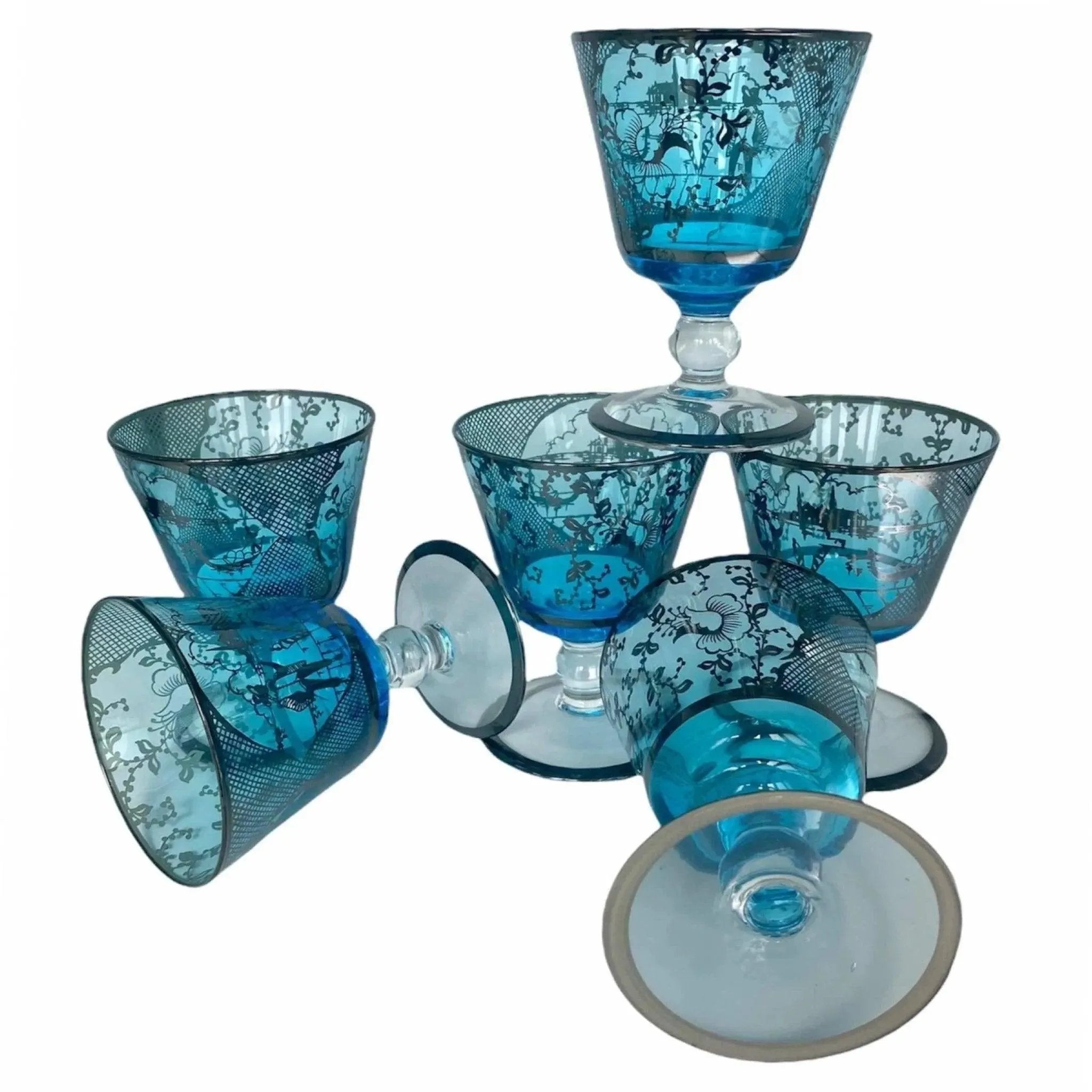 Vintage Venetian Glass Cocktail Set, Mid-Century Aqua Blue with Silver Overlay