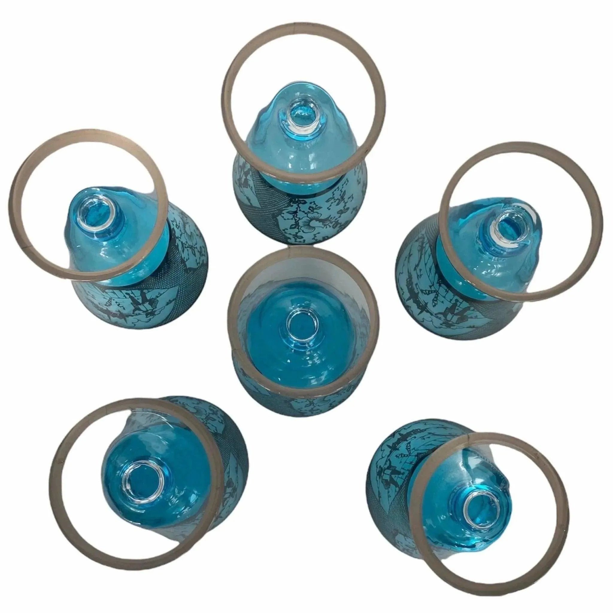 Vintage Venetian Glass Cocktail Set, Mid-Century Aqua Blue with Silver Overlay