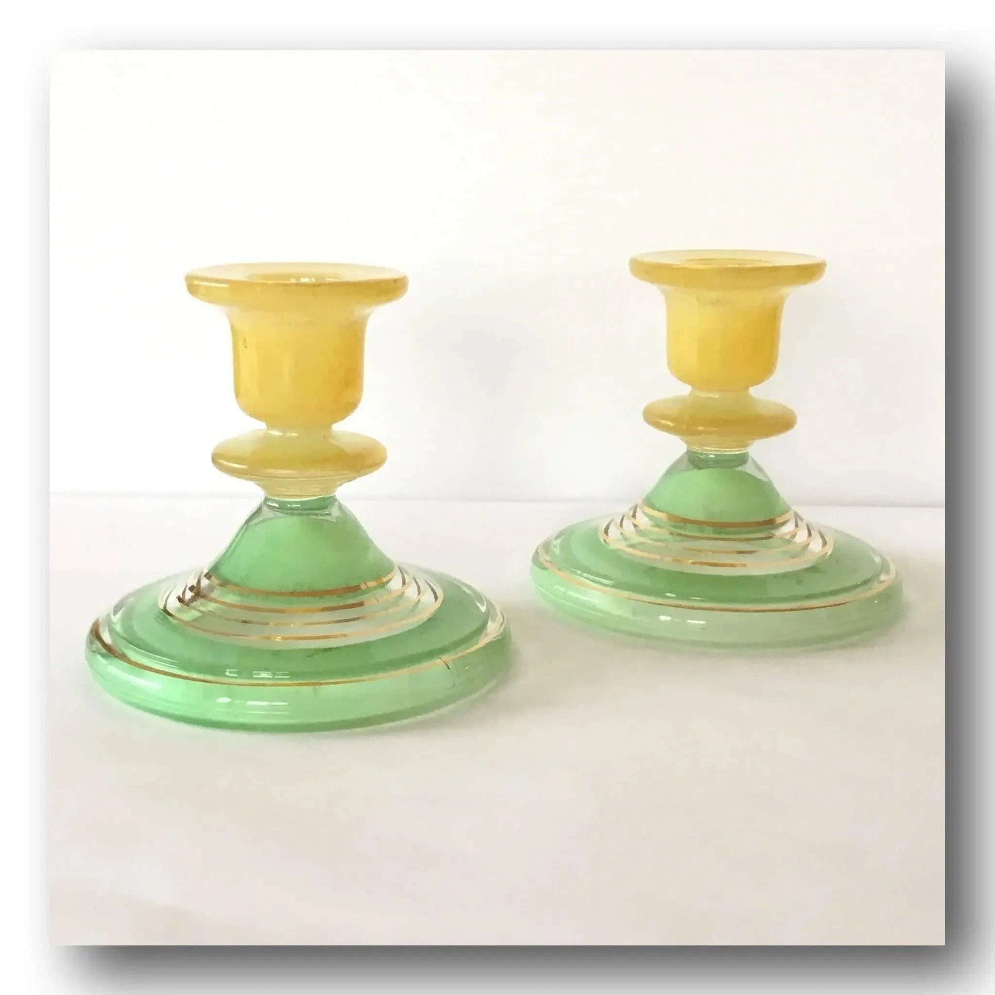Vintage glass candlesticks holders green yellow gold bands