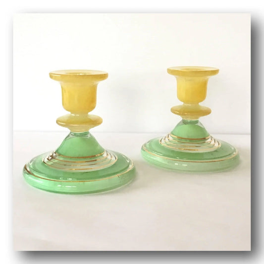 Vintage glass candlesticks holders green yellow gold bands Jewelry Bubble