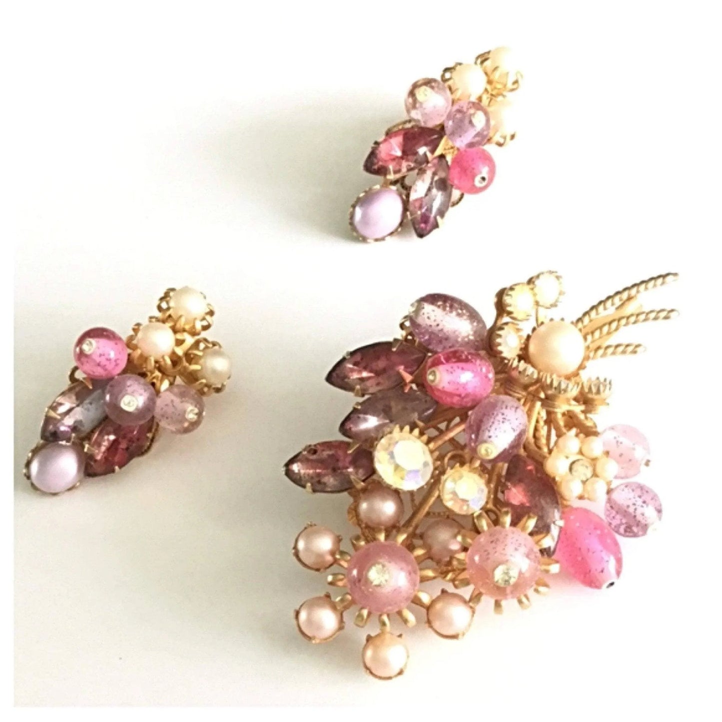 Vintage pink mauve ab clear rhinestone brooch, earrings set Jewelry Bubble