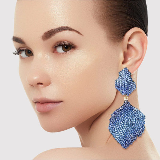 Wavy Petal Leaf Gold-Plated Earrings with Blue Rhinestones Jewelry Bubble